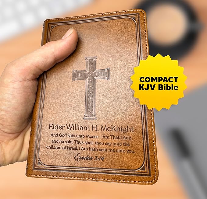 Personalized Compact Large Print Bible KJV Faux Leather Holy Bible Custom Name 3 Rows of Text & Red-Highlighted Verses, Personal Gift for Christian & Religious Celebrations | Brown