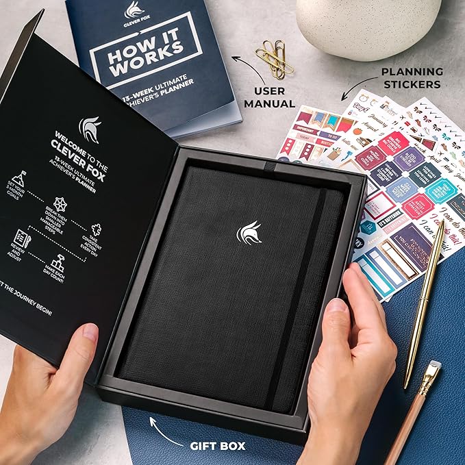 Clever Fox Ultimate Achiever’s Goal Planner - Focus & Productivity 90 Day Journal. Undated Daily Weekly Monthly Planner Organizer & Hourly Schedule Notebook - Hardcover, A5 Size, Onyx Black