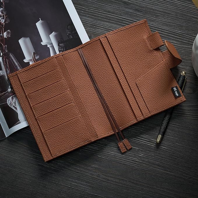 A6 Genuine Leather Techo Notebook Cover Compatible with Hobonichi Original Stalogy Midori MD with 5 Card Slots Pen Loop Bookmarks Back Pocket
