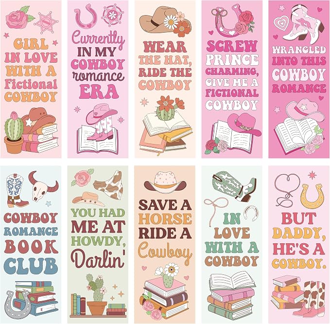 Laffact Cowboy Romance Reader Bookmarks - 240Pcs Valentine's Day Cowboy Western Book Club Reading Tracker, Pink Cowboys Hat and Boots Bookish Gifts Reading Accessories for Book Lover Romance Reader