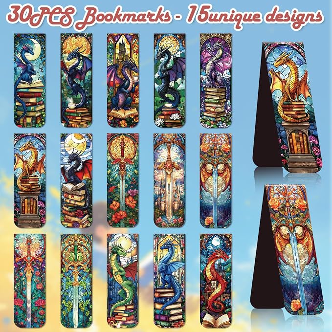 Dragon Sword Bookmark Magnetic Gifts - Wxiben 30 Pcs Stained Glass Window Dragon Bookmarks Magnets Fantastic Book Marks Page Marker Clip Gift for Women Men Students Teacher Reading Bookish