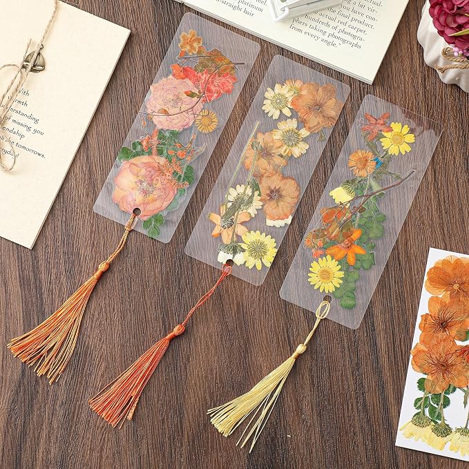 Fuyoooo 376 Pcs Dried Flower Bookmark Making Kit, DIY Bookmark Laminating Pouches with Tassels and Puncher, Handmade Craft Kit for Women, DIY Gifts for Book Lovers (Orange Yellow,2 x 6 Inch)