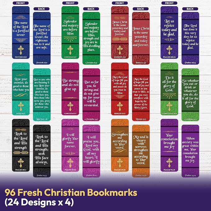 96 Bible Bookmark Pack with Bible Verses – Multiple Designs – Inspirational Christian Bookmarks for Women & Men – Bible Book Markers for Classroom, Bible Study, Church Supplies