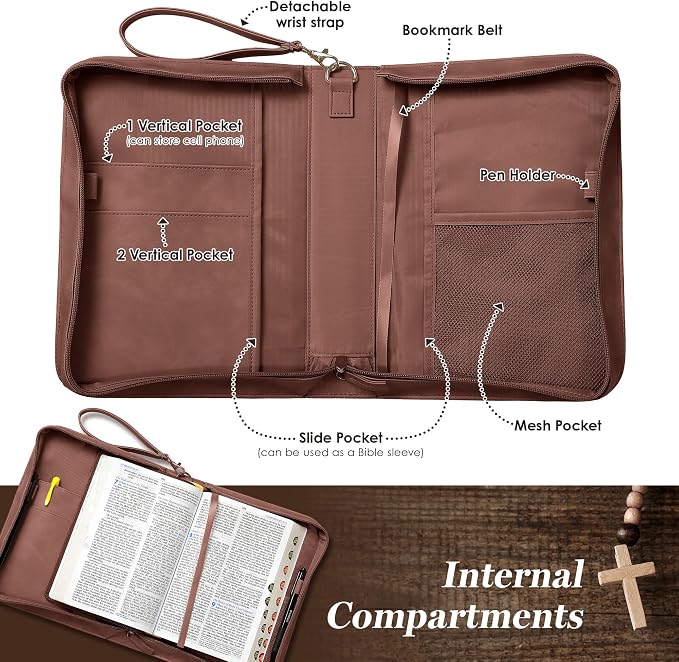 Leather Bible Cover for Women – Large Zippered Case with Handle and Pockets, Floral Book Protector for Study or Church, Christian Gift for Girls and Women, Large Size Bibles (Dark Brown)