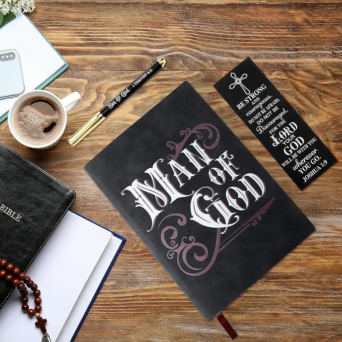 Fuyoooo 4 Pcs Christian Gifts for Men Father's Day Pastor Appreciation Gifts Vintage Leather Hardcover Notebook 1 Timothy 6:11 Religious Bible Verse Pen Joshua 1:9 Bookmark & Box(Man of God,Black)