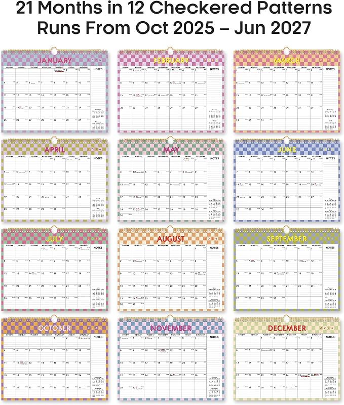 Calendar 2026-2027, Monthly Wall Calendar Runs Until June 2027, 11.5" x 14.8", Spiral Binding Hanging Wall Calendar, Perfect for Home or Office,Checkered