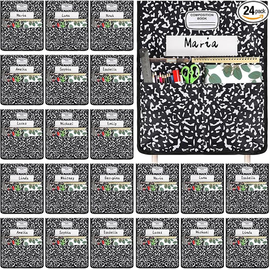 24Pcs Composition Chair Pockets for Classroom Composition Chair Back Buddy Pocket with Name Tags 17x20In Chairs Organizer 3 Pockets Seat Storage Pocket for School Classroom Daycare Home Supplies