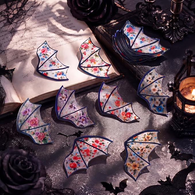 Fuyoooo 48pcs Clear Gothic Bookmark Floral Flower Patterned Bat Dragon Bookmarks Goth Gothic Dark Academia PVC Vintage Flower Book Markers Halloween Book Lover Reader Gift