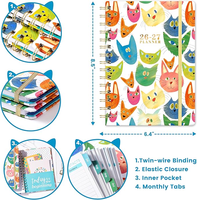 Planner 2026-2027 - 2026-2027 Planner Weekly and Monthly, Jul.2026 - Jun.2027, 12 Month Planner Weekly & Monthly with Colourful Tabs, 6.4" x 8.5", Hardcover + Back Pocket - Cat