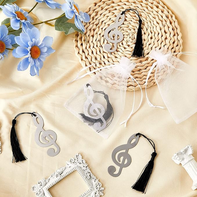 Gueevin 48 Pcs Music Gift Note Bookmarks Music Themed Party Favors Metal Musical Bookmarks with Silk Tassels and Organza Bags Musical Gifts Bulk for Band, Choir Members