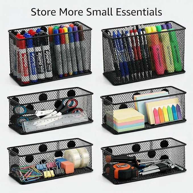 Neudeco Magnetic Locker Organizer and Accessories, Wire Mesh Magnetic Storage Basket, Magnetic Holder for Dry Erase Markers, Strong Magnet Pen Holder for Fridge School, Black, Pack of 6