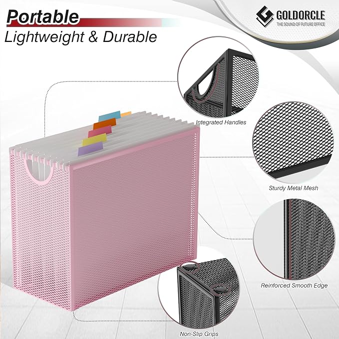 Hanging File Organizer, Letter-Size File Holder Filing Box with 5 Hanging Folders, Metal Mesh Desk File Folder Storage(No Assembly Required) (Pink, with 5 Grey Folders)