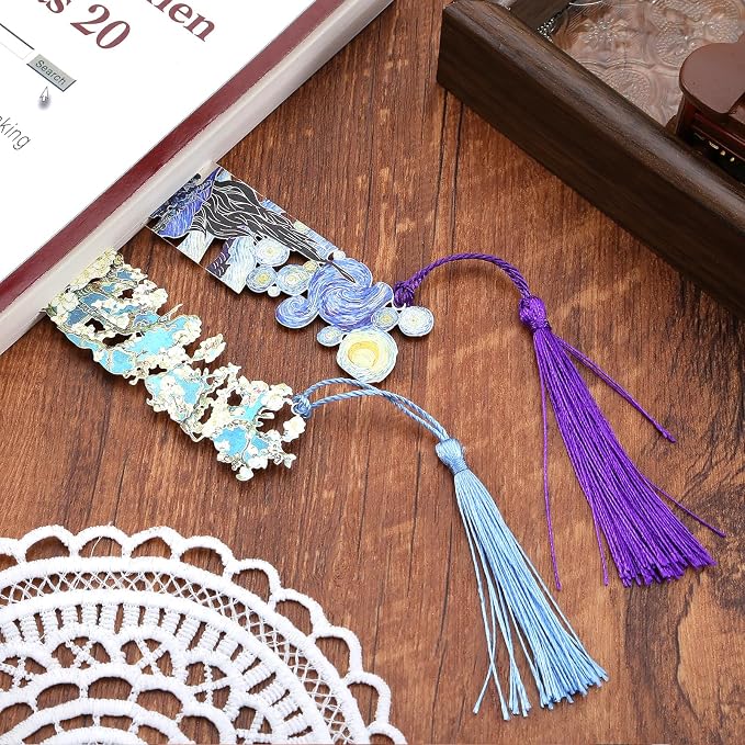 2 Metal Bookmarks with Tassel, Oil Painting Starry Night Over The Rhone and Almond Blossoms, Pretty Bookmarks for Women