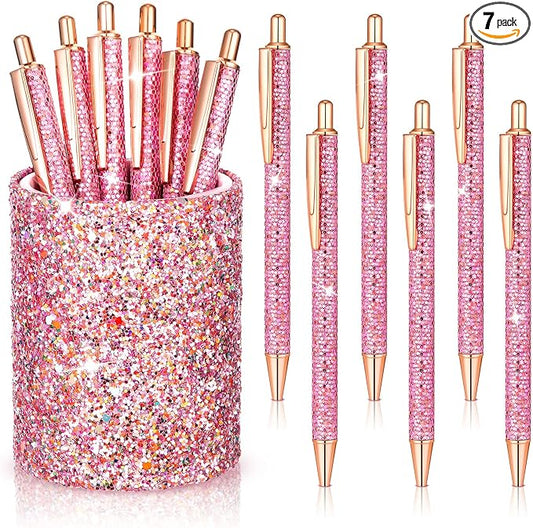 BBTO Bling Sequin Pen Holder with 6 Pcs Sequin Click Pens Cute Glitter Retractable Ballpoint Pens, Pencil Cups for Desk Organizer Makeup Brush Holder for Women Girls Classroom Offices(Pink)