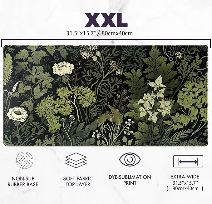 Green Leaves Beige Plants Pad, Large Extend Mouse Pad XXL, Freshness Foliage Keyboard Mat, Black Esthetics Desktop Mat Laptop Wireless Mouse Mat, Gift for Women 31.5"x15.75"