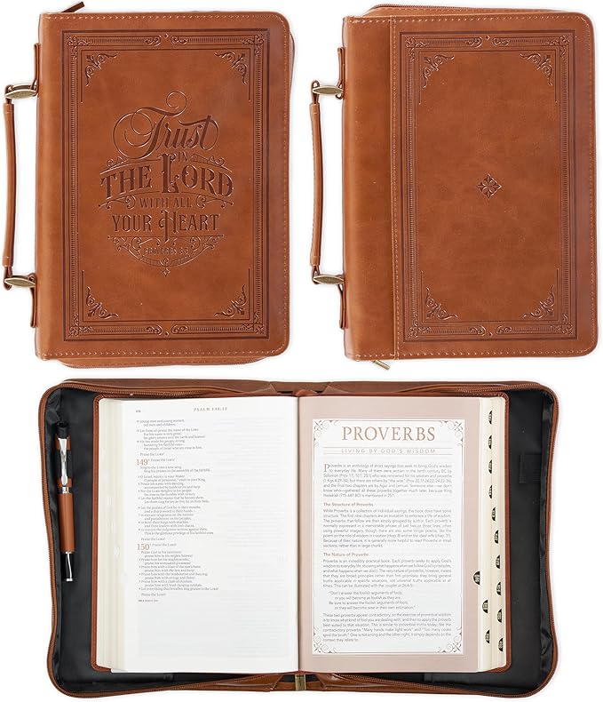 Christian Art Gifts Classic Vegan Leather Bible Cover for Men & Women: Trust in the Lord Inspirational Bible Verse, Sturdy Easy Carry Book Case, Pen Loops, Pockets, Accessory Storage, Brown, XL