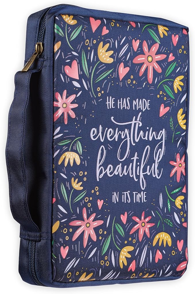 Christian Art Gifts Men/Women's Bible Cover Everything Beautiful Ecclesiastes 3:11, Blue Floral Canvas, Medium
