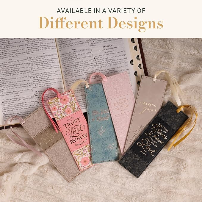 Christian Art Gifts Faux Leather Inspiring Bible Verse Bookmark for Women: My Grace is Sufficient Encouraging Scripture, Debossed Creamy Taupe Floral w/Gold, Satin Ribbon Markers for Saving Pages