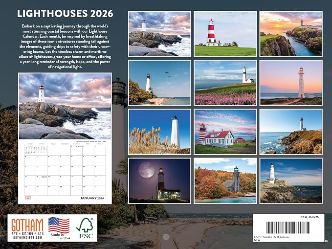Lighthouse Calendar 2026 Wall 12 Month Monthly Scenic Souvenirs Themed Gifts | American Made In The USA