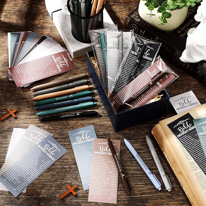 Feifeiya 50 Sets Christian Mothers Day Gifts Bulk Religious Pens Bible Verse Emergency Numbers Bookmarks Scripture Catholic Gifts for Women Men Church Welcome Sunday School(Boho Color,English)