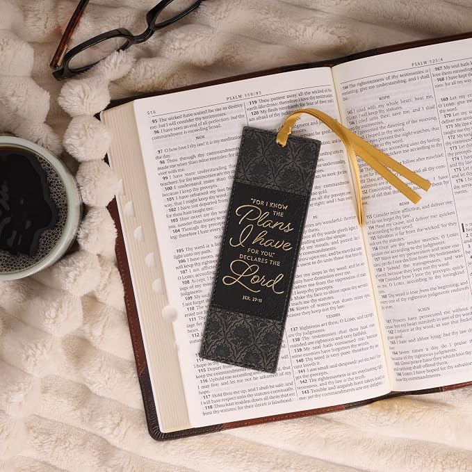 Christian Art Gifts Premium Faux Leather Charcoal & Black Floral Scripture Bookmark for Women: Know the Plans Golden Inspirational Bible Verse, Gold Satin Ribbon Markers for Reading, Marking Pages