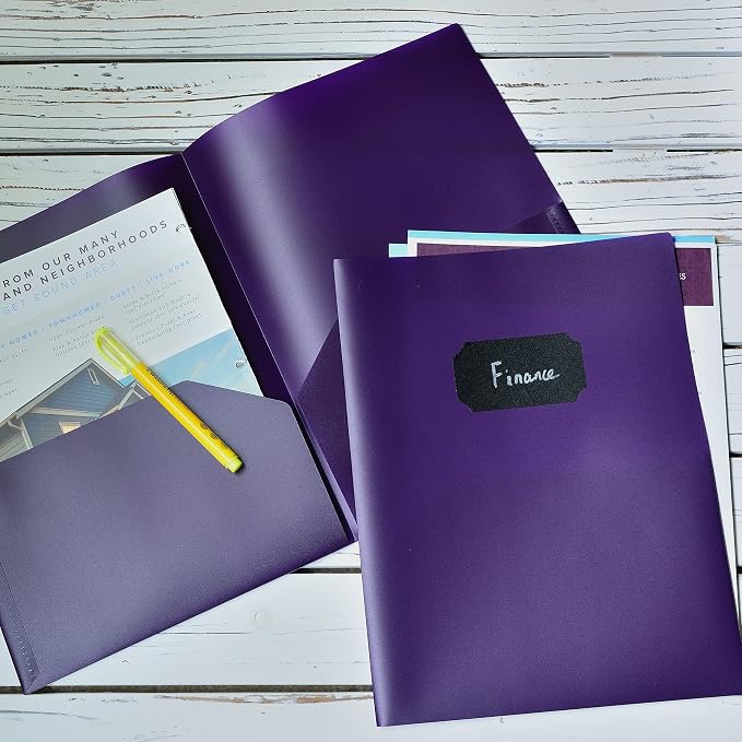 Youngever 6 Pack Heavy Duty Plastic Two Pocket Folders, Heavy Duty Plastic 2 Pocket Folder (Purple)