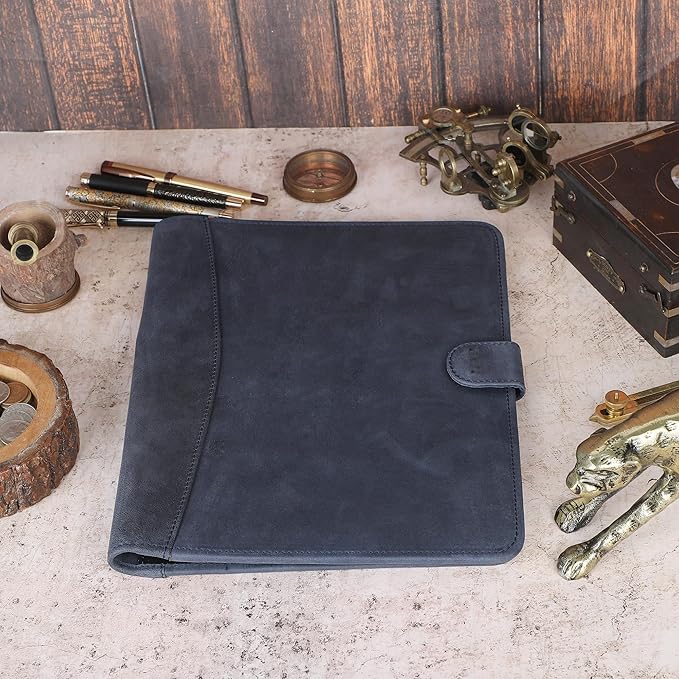Leather Padfolio Legal Pad Portfolio Organizer | Handmade Executive Notebook Binder | Heavy Duty Full Grain Cow Hide Resume Interview Folio for Men Women, Rustic NoteBook Folder (Blue)
