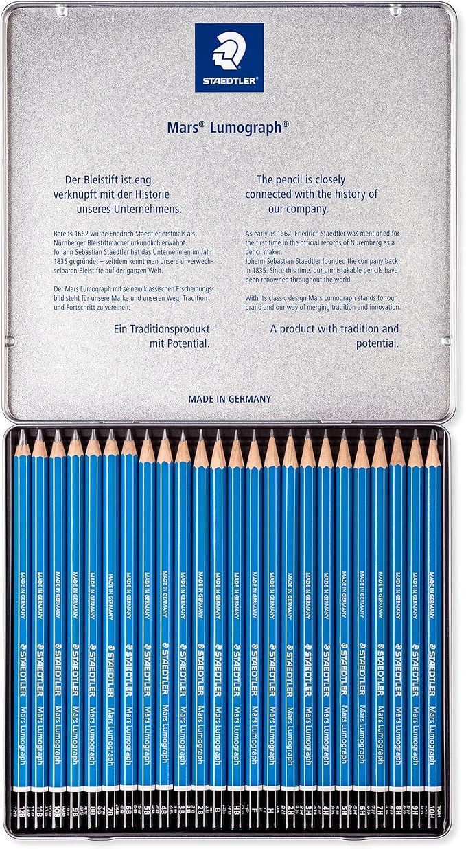 STAEDTLER Mars Lumograph Drawing Pencils: Set of 24 in Metal Case - Presharpened Graphite Art Pencils - Hardness Grades 12B-10H - For Drawing, Shading, Drafting & Illustrating - All Skill Levels