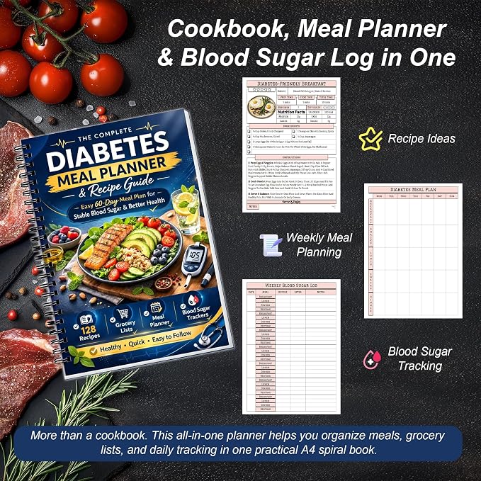 Diabetes Meal Planner & Cookbook for Beginners, Spiral Bound for Type 2 Diabetes with 128 Recipes, Weekly Meal Plans, Grocery Lists, Waterproof PVC Protective Cover, 100 GSM No-Bleed Recyclable Paper