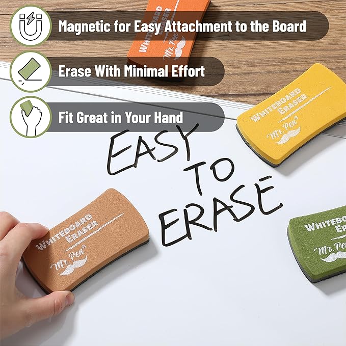 Mr. Pen- Magnetic Dry Erase Erasers, 4" x 2", 8 Pack, Assorted Colors, Magnetic Whiteboard Dry Erase Erasers Bulk for Kids, Teachers, Students and Classroom Supplies