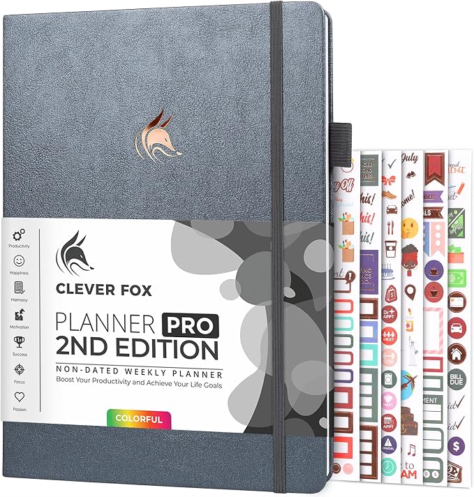 Clever Fox Planner PRO 2nd Edition – Undated Weekly Agenda Planner for Setting Goals, Tasks & Time Management – Life Organizer with To-do Lists & Habit Trackers – Large, 8.5x11″ (Silver Black)