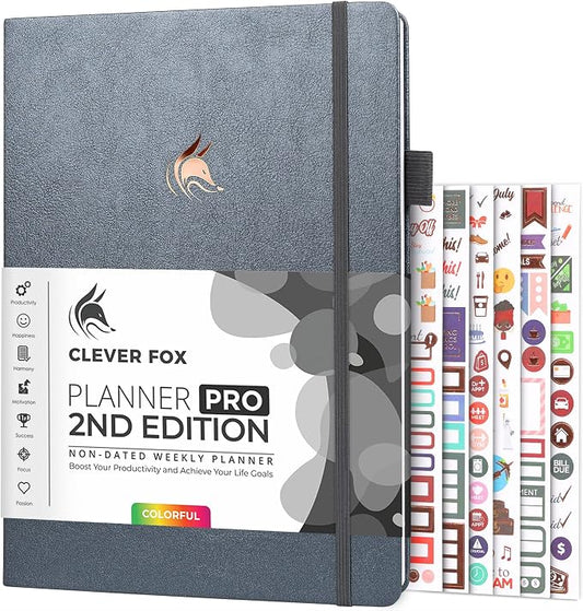 Clever Fox Planner PRO 2nd Edition – Undated Weekly Agenda Planner for Setting Goals, Tasks & Time Management – Life Organizer with To-do Lists & Habit Trackers – Large, 8.5x11″ (Silver Black)