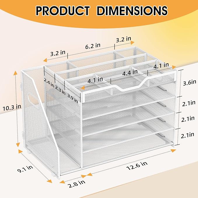 5 Tier Paper Letter Tray with File Holder and 3 Drop-in Pen Holders, Mesh Desk File Organizer with Handle, Desk Organizers and Accessories for School,Home, Office Supplies Storage-White