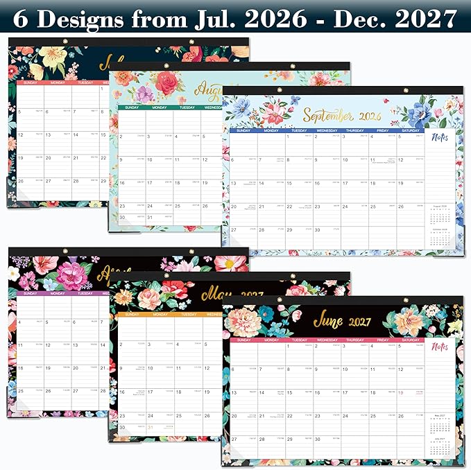 Desk Calendar 2026-2027 - 18 Monthly Desk/Wall Calendar, Jul. 2026 - Dec. 2027, 17" x 12", Thick Paper with Corner Protectors, Large Ruled Blocks - Floral
