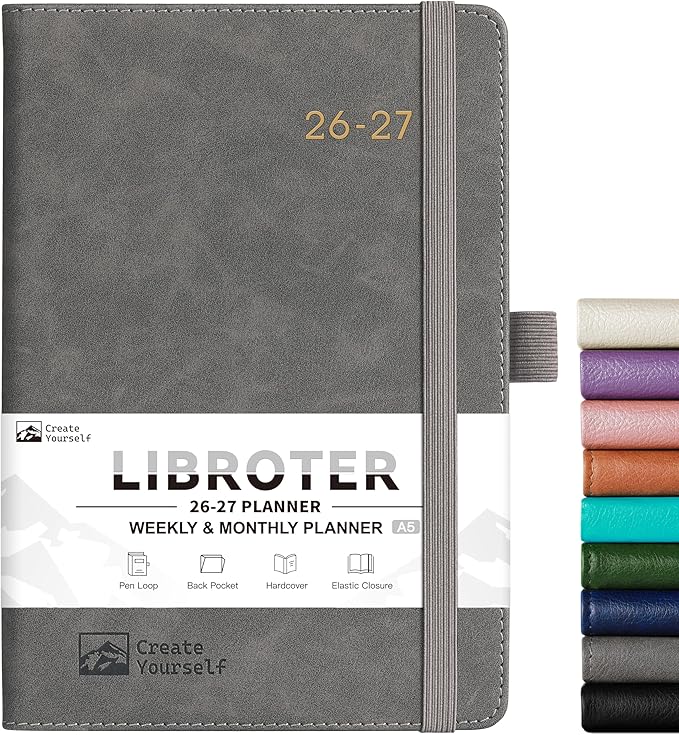 2026-2027 Planner - Academic Planner 2026-2027 Weekly Monthly Planner, July 2026 - June 2027, 5.7'' x 8.4'', Thick Paper, Leather Cover, Pen Holder, Back Pocket, Perfect Daily Organizer- Grey