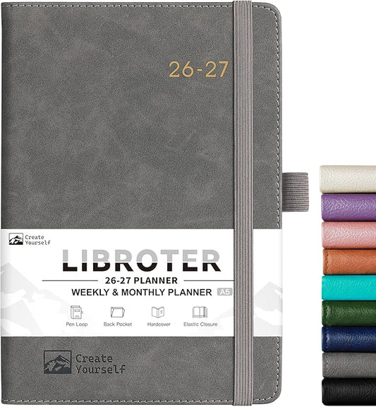 2026-2027 Planner - Academic Planner 2026-2027 Weekly Monthly Planner, July 2026 - June 2027, 5.7'' x 8.4'', Thick Paper, Leather Cover, Pen Holder, Back Pocket, Perfect Daily Organizer- Grey