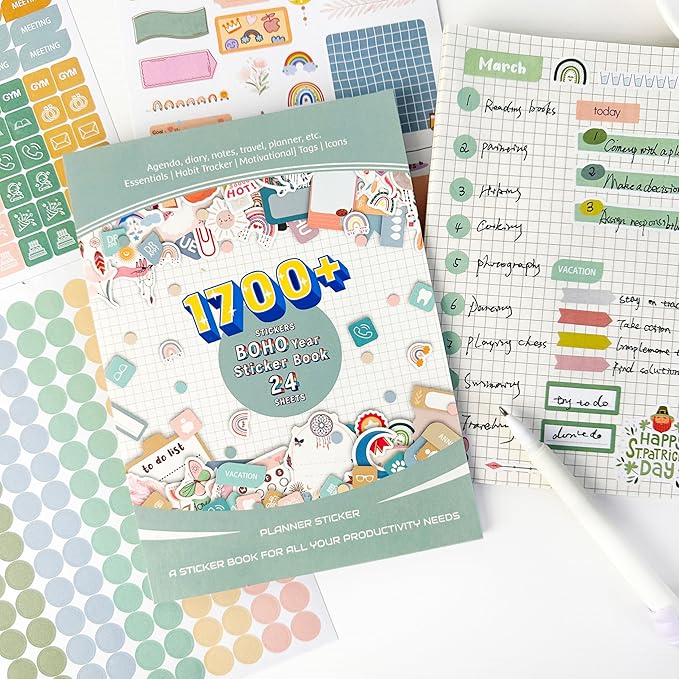 FUNCLASS 24 Sheets Aesthetic Stickers for Planners,Month Stickers for Planner,Budget Planner Stickers for Women,Green Small Planner Sticker Book,Calendar Stickers for Adults Planner,