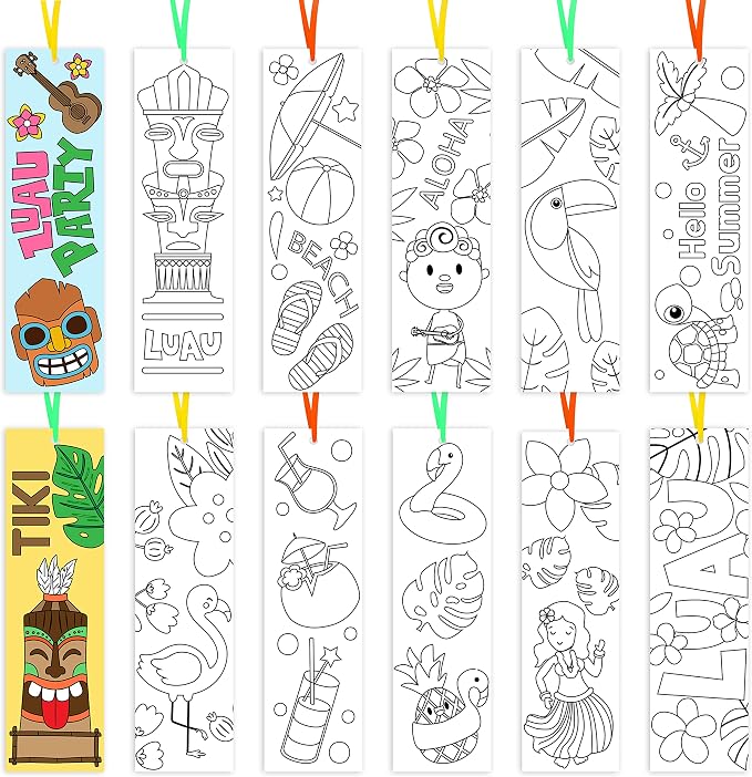 Haooryx Color Your Own Hawaii Bookmark -75Pcs DIY Coloring Blank Paper Bookmarks Summer Hawaii Theme Party Game Prize Art Craft Supplies for Kids Birthday Gift Goodie Bag Fillers Classroom Reward