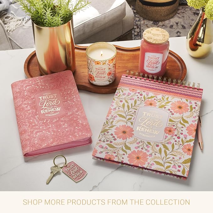 Christian Art Gifts Premium Faux Leather Inspirational Scripture Bookmark for Women: Trust in the Lord Encouraging Bible Verse, Multicolor Coral Pink Floral Design w/Gold, Cute Satin Ribbon Markers