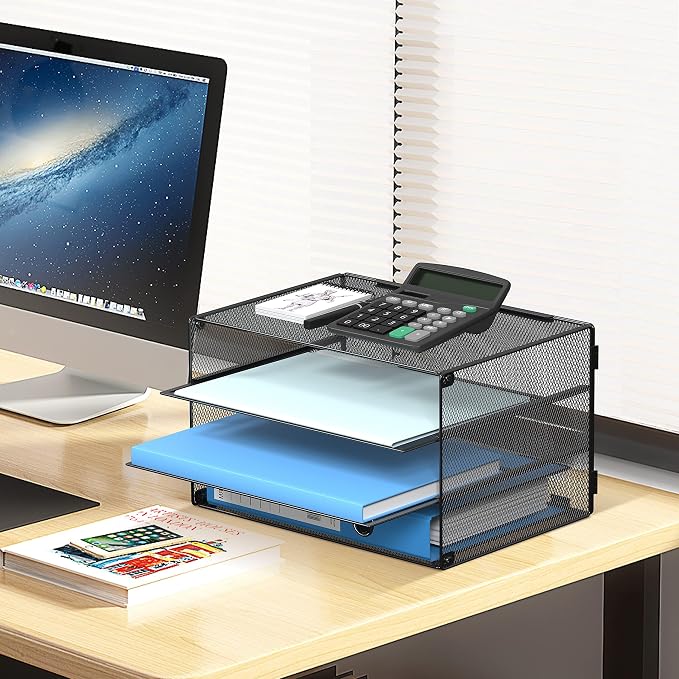 DALTACK 3 Tier Letter Tray Paper Organizer for Desk, Mesh Metal Desk File Organizer with Sliding Trays for Letter/A4 Paper, Mail, Bills & Folders, 2 Pack, Black