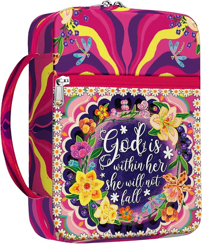 Floral Faith Bible Cover for Women, God is Within Her She Will Not Fall, Christian Canvas Bible Case with Handle and Zipper Pocket, Fits Standard Size Bible, Inspirational Gift for Bible