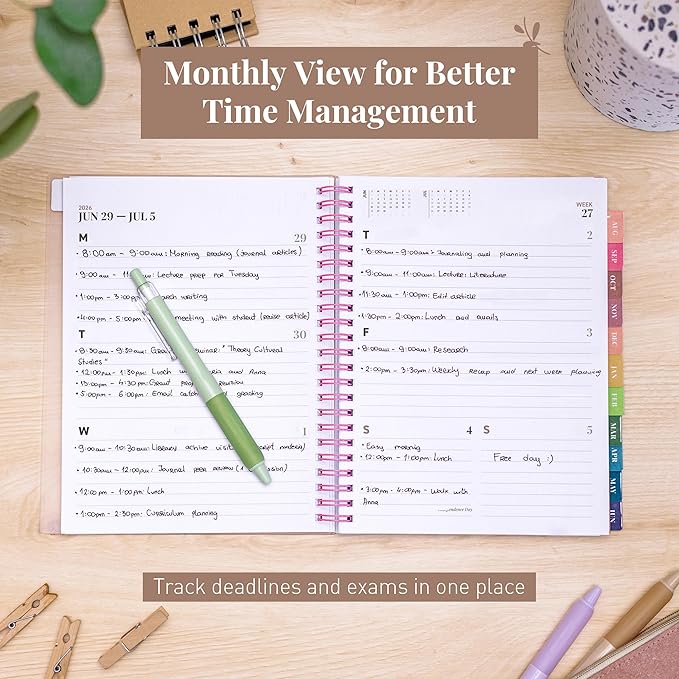 Rileys Academic Planner 2026-2027, Daily, Weekly & Monthly Planner, July 2026 - June 2027, Student Notes Pages, Twin-Wire Binding, Weekly Agenda for School & Work (8 x 6-Inches, Diagonal, Pink)