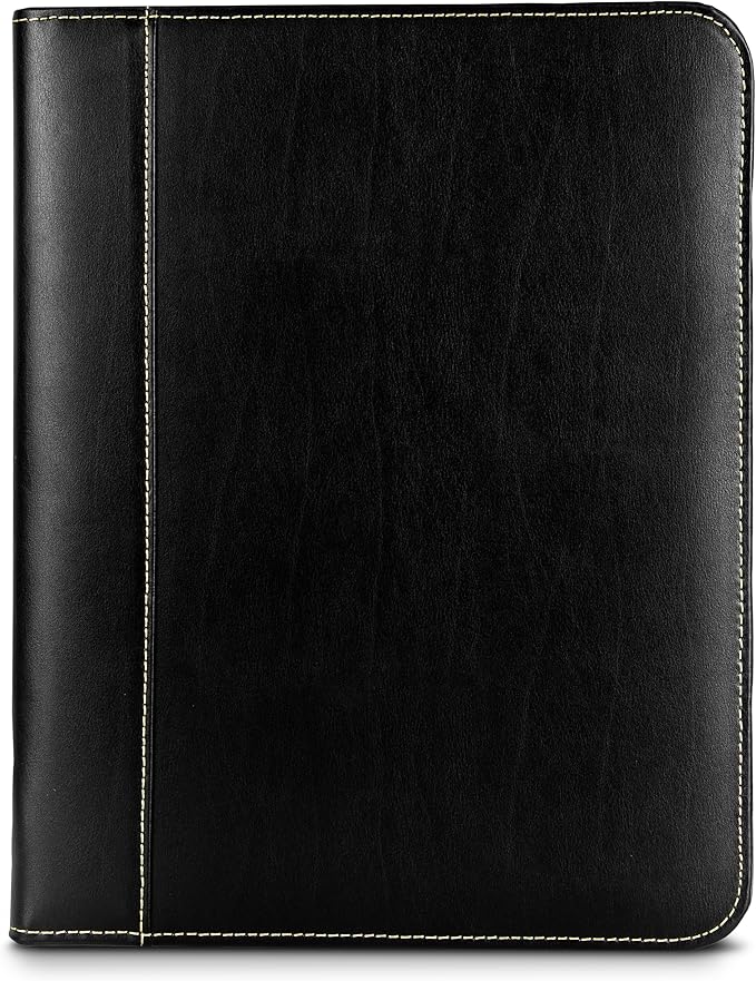 Samsill Contrast Stitch Leather Zippered Portfolio Folder/Business Portfolio for Men and Women, Resume/Document Organizer with Writing Pad, Black (71720)