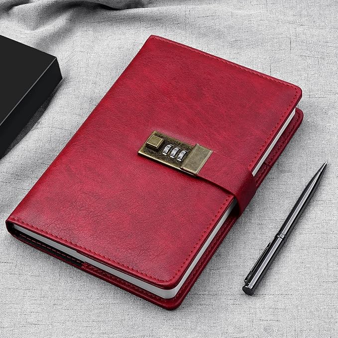 WEMATE Diary with Lock, A5 PU Leather Journal with Lock 240 Pages, Vintage Lock Journal Password Protected Notebook with Pen & Gift Box, Lock Diary Planner Organizer for Men and Women, 8.6x5.8in