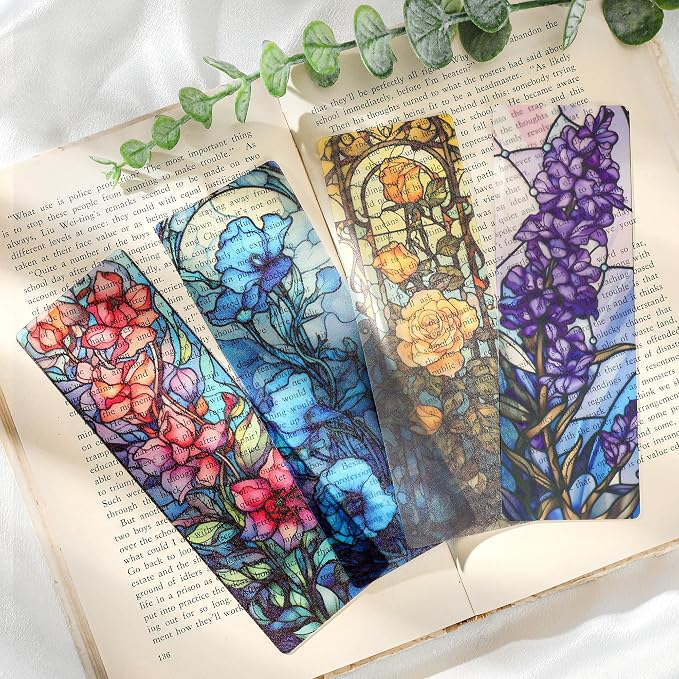 Pretty Flower Bookmark Gifts - 20 Pcs Floral Stained Glass Art Bookmarks for Women Book Lovers Aesthetic Transparent PVC Page Marks School Reading Accessories Bookish Birthday Graduation Gift