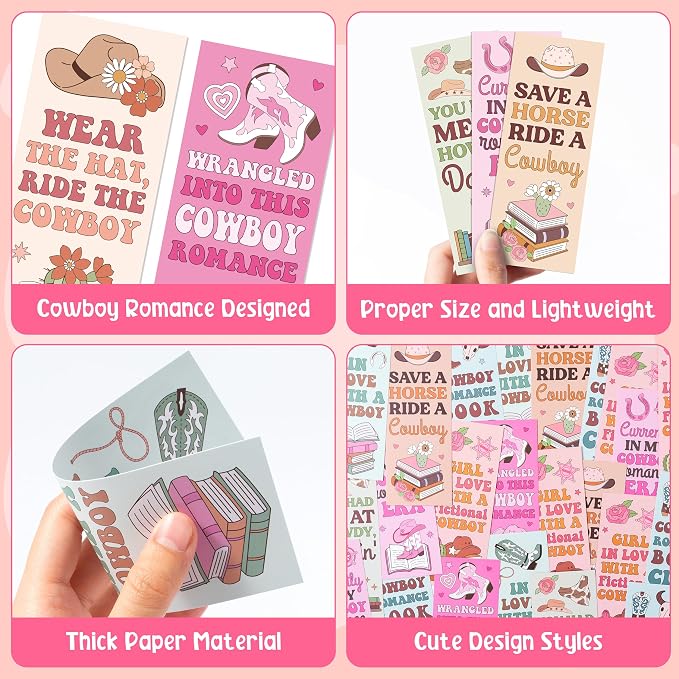Laffact Cowboy Romance Reader Bookmarks - 240Pcs Valentine's Day Cowboy Western Book Club Reading Tracker, Pink Cowboys Hat and Boots Bookish Gifts Reading Accessories for Book Lover Romance Reader