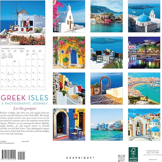 Graphique 2026 Greek Isles Wall Calendar | 12” x 12” | Thick Paper | Home & Office Organizer | Large Monthly Grid | 3 Languages & Marked Holidays | 4 Month Preview Page for 2027
