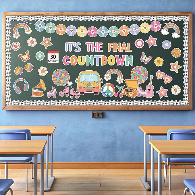 119Pcs Back to School Countdown Calendar Bulletin Board Set, Retro Groovy Happy Face Cutouts Classroom Decor Border Trims Welcome Back to School Chalkboard Supplies Wall Door Decor