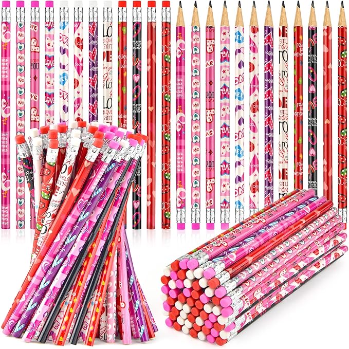300 Pieces Valentine's Day Pencils for Kids Assortment Cylinder Wood Pencils Bulk Cute Pencils with Erasers for Kids Valentine's Day Party Office School Supplies(Valentine')