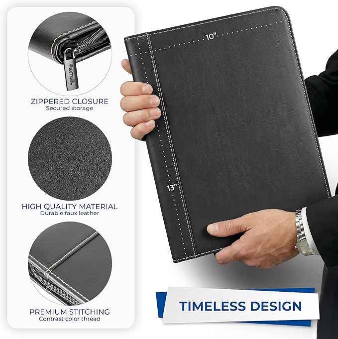 Samsill Contrast Stitch Leather Zippered Portfolio Folder/Business Portfolio for Men and Women, Resume/Document Organizer with Writing Pad, Black (71720)